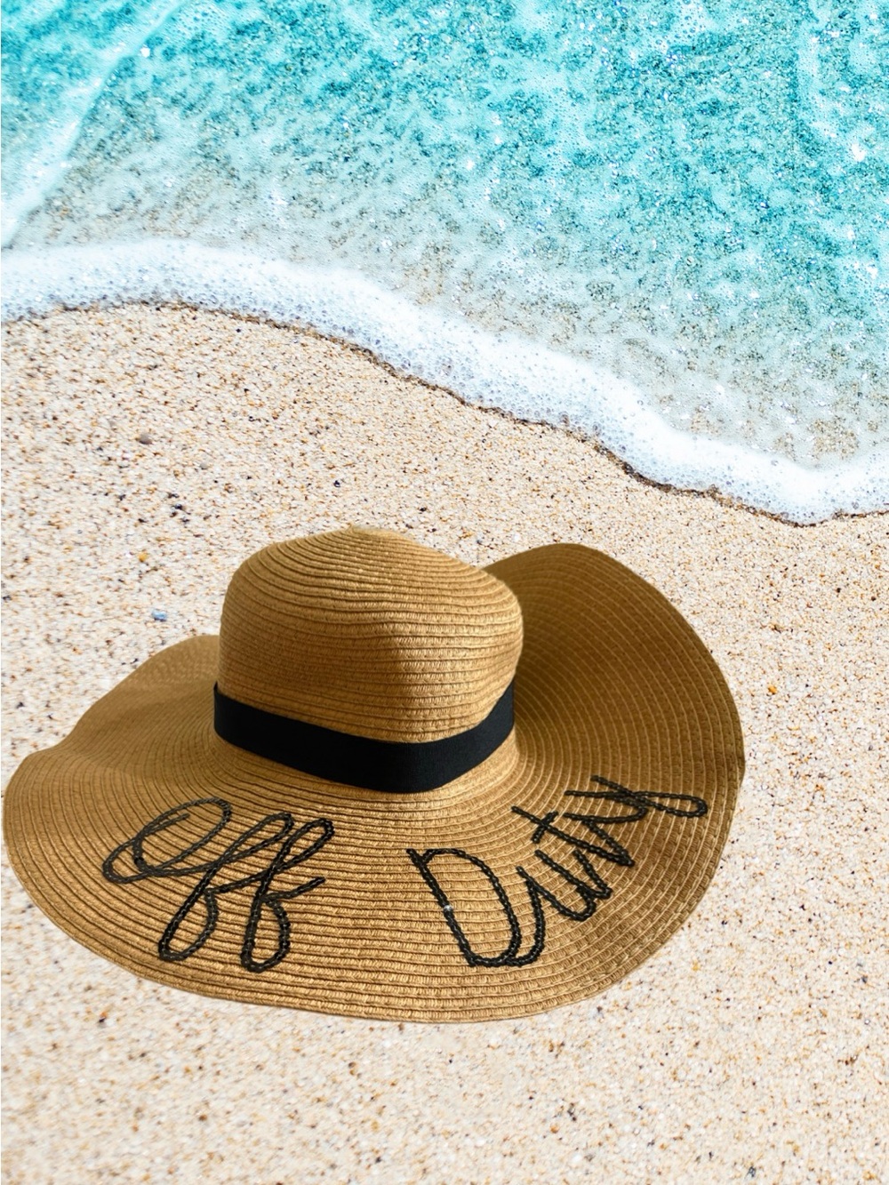 Wide Brim Straw Sun Hat with 'Off Duty' Script - Tan & Black⭐️NWT⭐️